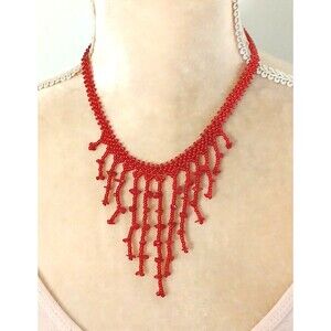Handmade Red Seed Bead Fringe Necklace 14" Barrel Clasp Boho Festival Jewelry